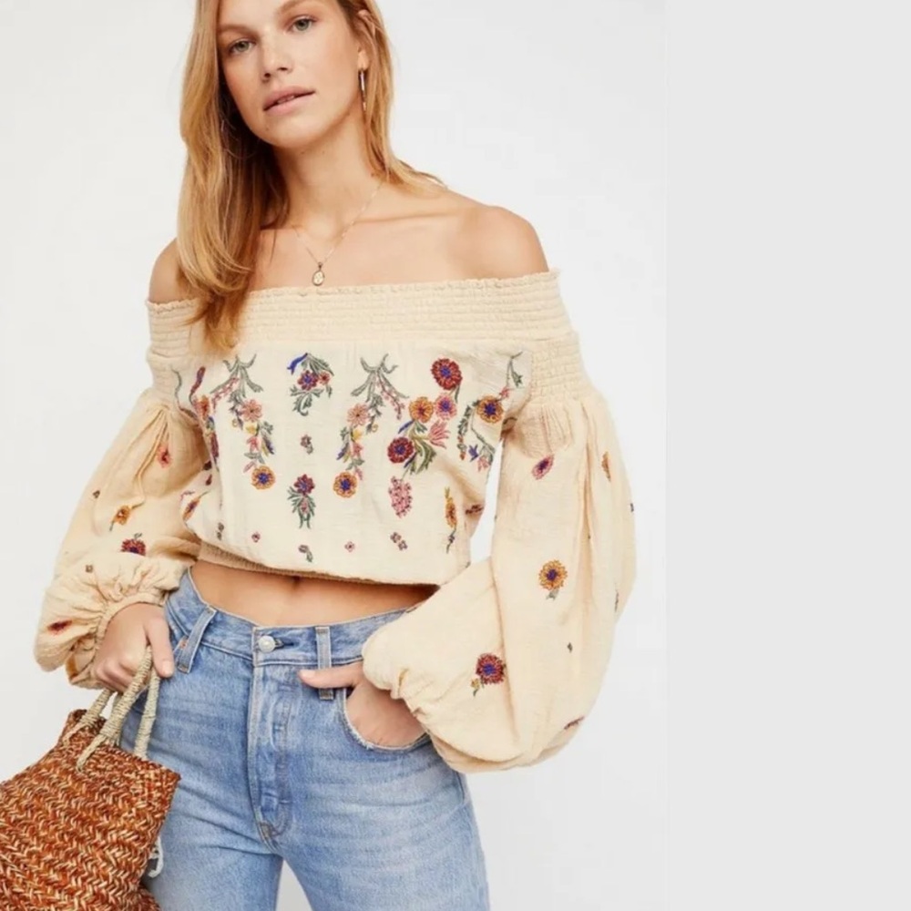 Free People Saachi Embroidered Off The Shoulder Top Natural